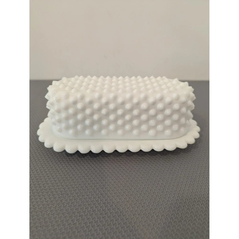 Vintage Fenton ? White Milk Glass Hobnail Butter Dish w/ Scalloped Tray 2 Piece